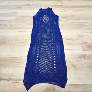 Royal Blue Crochet Knit‎ Maxi Dress Sheer V Neck Summer Beach Cover Up XL